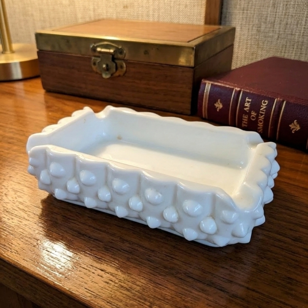 Vintage Midcentury Modern Fenton Milk Glass Hobnail Ashtray / Trinket Dish